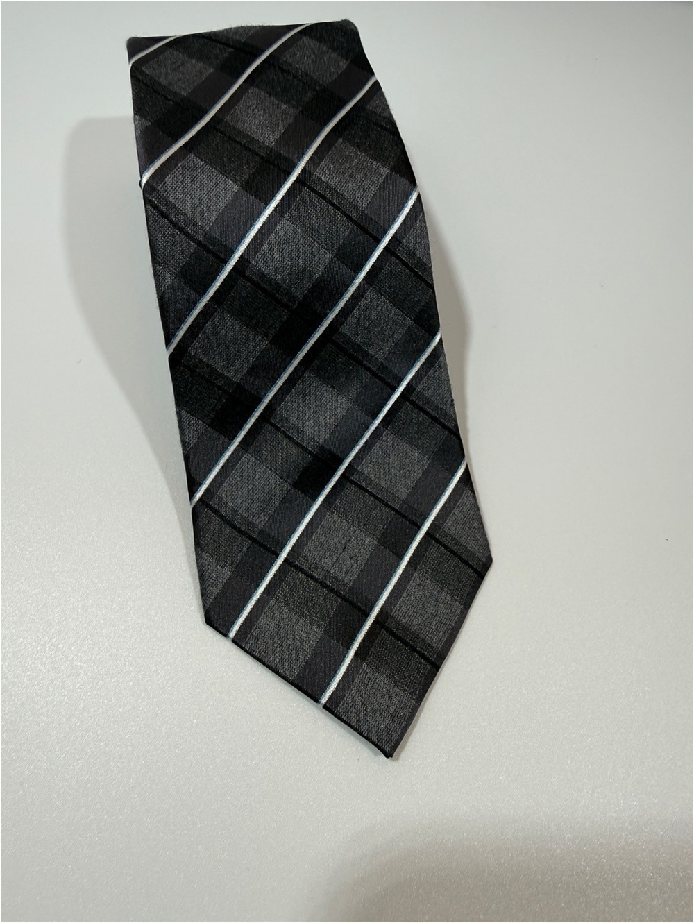 Marc Anthony narrow Black Plaid Men's Tie with Silver Stripes
